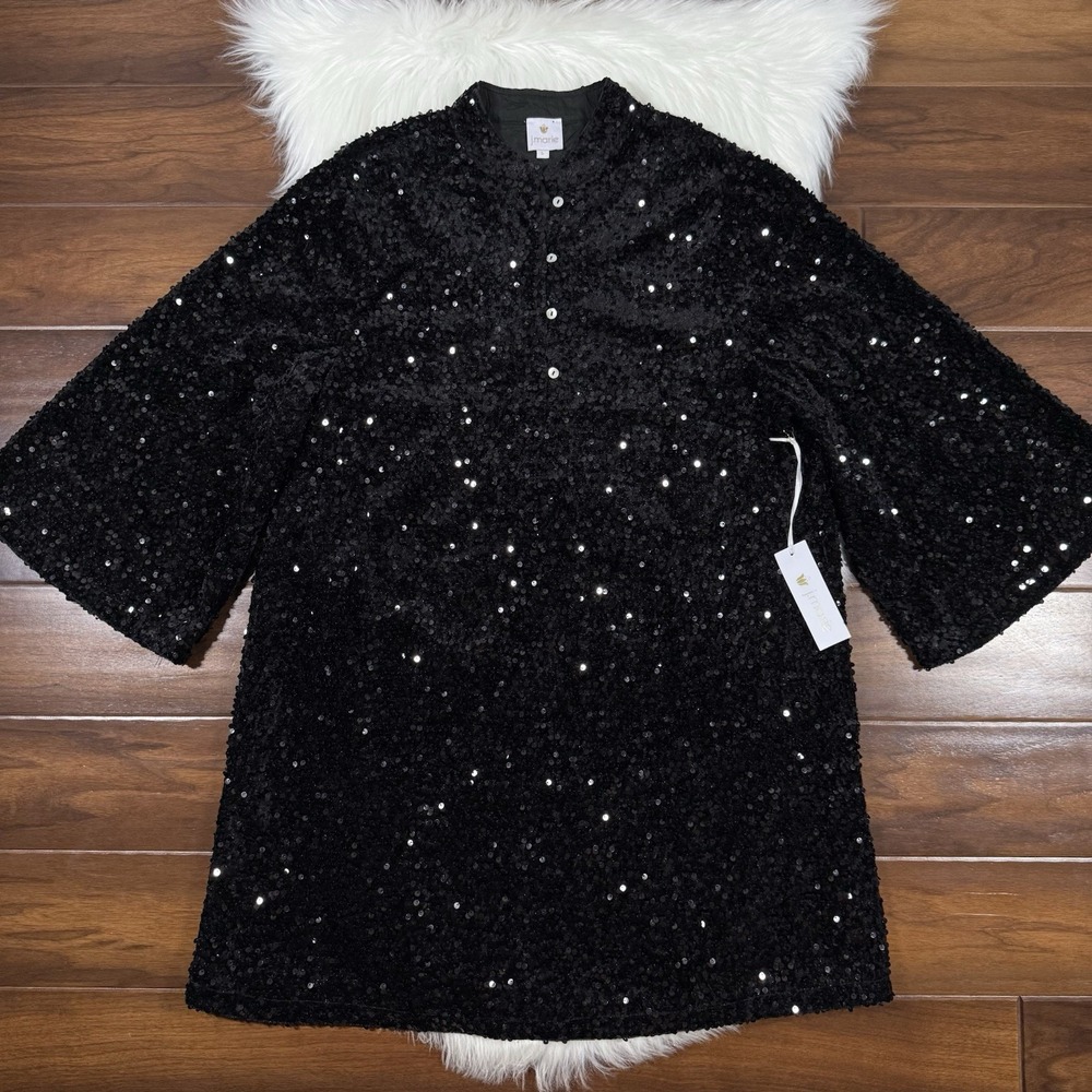 J.Marie Women's Size Small Black Axel Sequin Banded Collar Shift Mini Dress